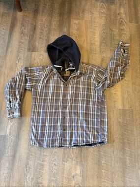 Men's Plaid Hooded Button-Up Shirt Jacket - Brown/Blue Small